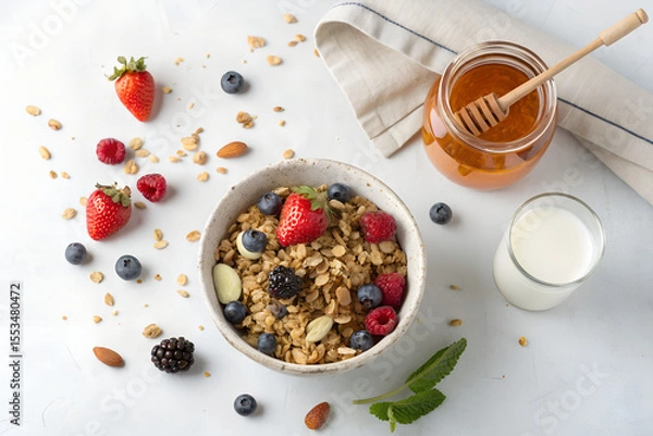 Obraz Top-down photo of a healthy breakfast with muesli, honey jar, and glass of milk. All food objects are placed ONLY in the bottom right corner of the image. The ENTIRE center and left side must be PURE 