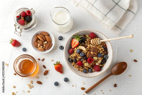 Obraz Top-down photo of a healthy breakfast with muesli, honey jar, and glass of milk. All food objects are placed ONLY in the bottom right corner of the image. The ENTIRE center and left side must be PURE 