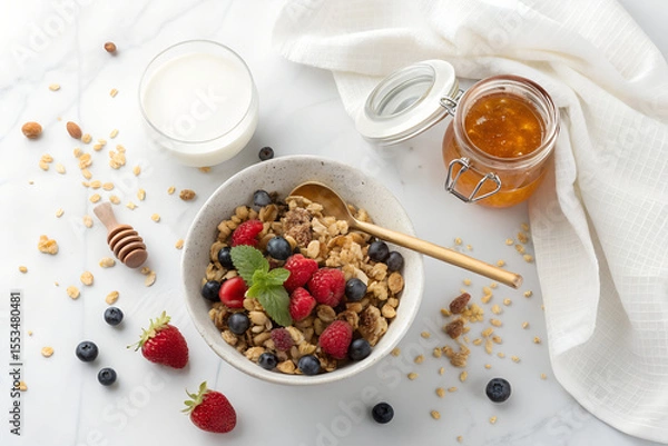 Obraz Top-down photo of a healthy breakfast with muesli, honey jar, and glass of milk. All food objects are placed ONLY in the bottom right corner of the image. The ENTIRE center and left side must be PURE 
