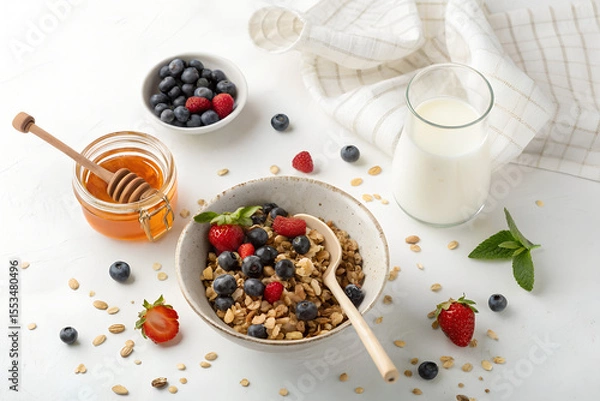Obraz Top-down photo of a healthy breakfast with muesli, honey jar, and glass of milk. All food objects are placed ONLY in the bottom right corner of the image. The ENTIRE center and left side must be PURE 