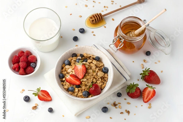 Obraz Top-down photo of a healthy breakfast with muesli, honey jar, and glass of milk. All food objects are placed ONLY in the bottom right corner of the image. The ENTIRE center and left side must be PURE 