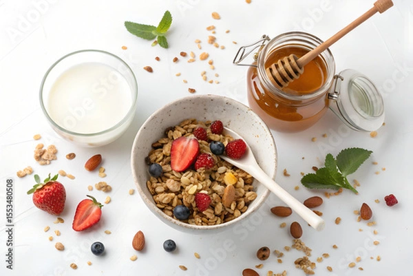 Obraz Top-down photo of a healthy breakfast with muesli, honey jar, and glass of milk. All food objects are placed ONLY in the bottom right corner of the image. The ENTIRE center and left side must be PURE 