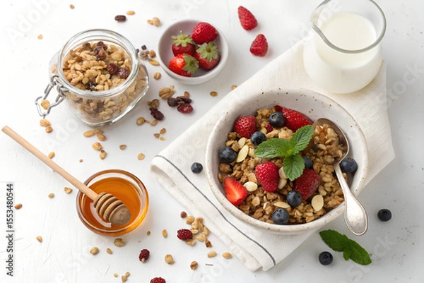 Obraz Top-down photo of a healthy breakfast with muesli, honey jar, and glass of milk. All food objects are placed ONLY in the bottom right corner of the image. The ENTIRE center and left side must be PURE 
