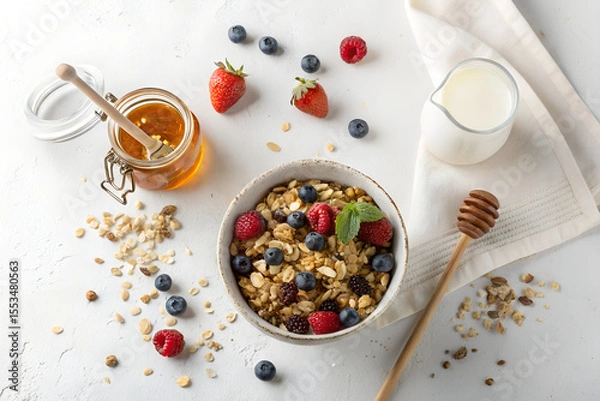 Obraz Top-down photo of a healthy breakfast with muesli, honey jar, and glass of milk. All food objects are placed ONLY in the bottom right corner of the image. The ENTIRE center and left side must be PURE 