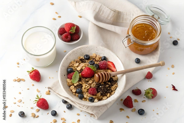 Obraz Top-down photo of a healthy breakfast with muesli, honey jar, and glass of milk. All food objects are placed ONLY in the bottom right corner of the image. The ENTIRE center and left side must be PURE 
