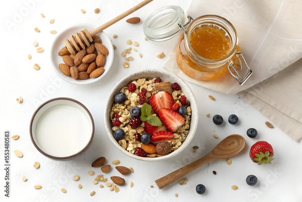 Obraz Top-down photo of a healthy breakfast with muesli, honey jar, and glass of milk. All food objects are placed ONLY in the bottom right corner of the image. The ENTIRE center and left side must be PURE 