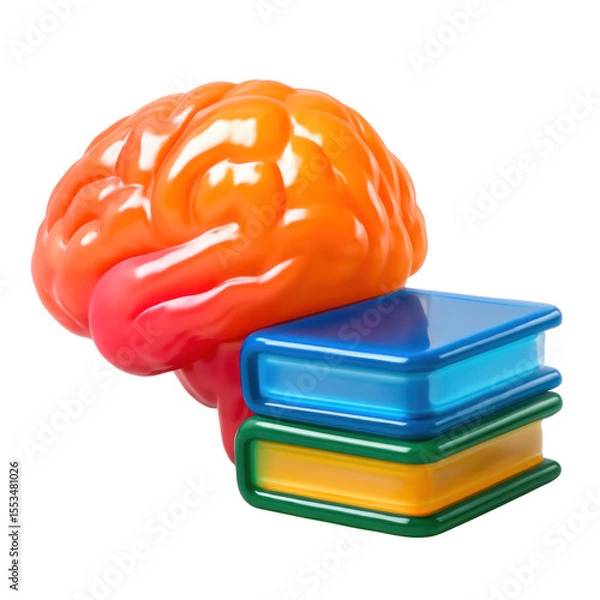 Fototapeta 3D Translucent Icon Style Depicting Orange Brain Over Stacked Blue And Green Books Illustrating Knowledge Learning Education And Intellect With Transparent Background
