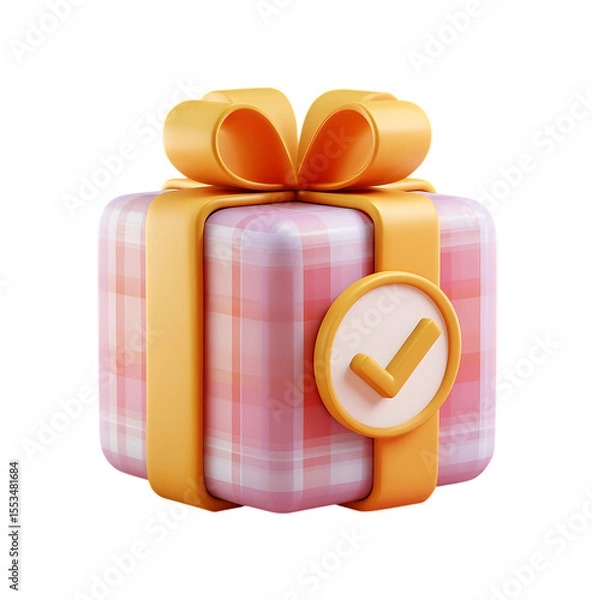Fototapeta 3D icon of a gift box with a checkmark and ribbons, on a transparent background in a 2D illustration style.