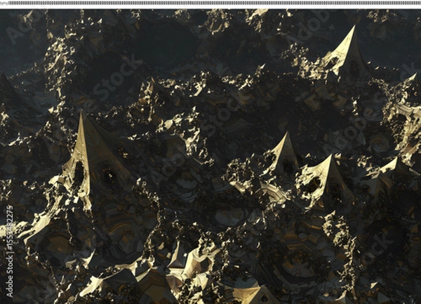 Fototapeta Abstract Fractal Landscape Golden Pyramids and Rugged Terrain