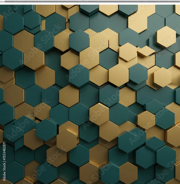 Fototapeta Abstract Geometric Hexagon Pattern Teal and Gold 3D Design