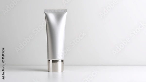 Obraz A sleek, silver cosmetic tube with a reflective cap displayed on a clean white background, perfect for skincare or beauty product presentations and branding mockups.