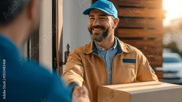 Obraz A delivery man in a yellow jacket shakes hands with a man in a blue hat