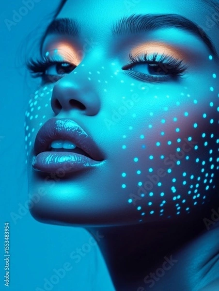 Fototapeta futuristic neon-blue portrait with glowing makeup dots, perfect for sci-fi artwork, tech branding, digital campaigns, and posters
