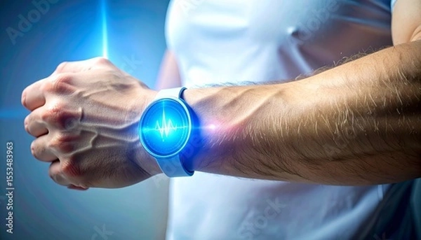 Obraz Close-up of a man wearing a glowing smart skin patch or futuristic smartwatch interface displaying vital signs, representing health tracking and wearable technology innovation.