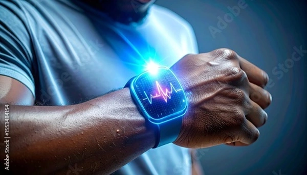 Obraz Close-up of a man wearing a glowing smart skin patch or futuristic smartwatch interface displaying vital signs, representing health tracking and wearable technology innovation.