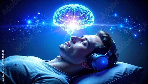Obraz Woman wearing headphones sleeps as a glowing holographic brain floats above, symbolizing subconscious learning through neural audio technology and cognitive data transfer.