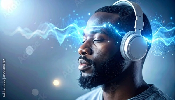 Obraz Black man with headphones engaged in subconscious learning glowing neural waveforms flow through his mind, illustrating brainwave synchronization with immersive auditory technology.