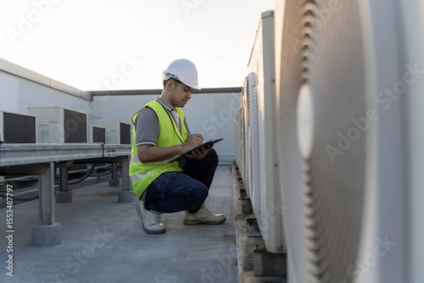 Fototapeta Asian maintenance engineer works on the roof of factory. contractor inspect compressor system and plans installation of air condition systems in construction. Checklist, inspector, control