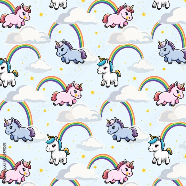 Obraz Pattern with multicolored unicorns.Vector seamless pattern with colorful unicorns, clouds and rainbow on a blue background.