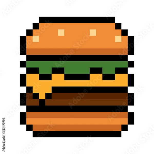 Fototapeta Pixel art hamburger emoji illustration isolated on white background. A retro style cheeseburger with lettuce, cheese, and beef patty between sesame seed buns. Perfect for food related design, retro