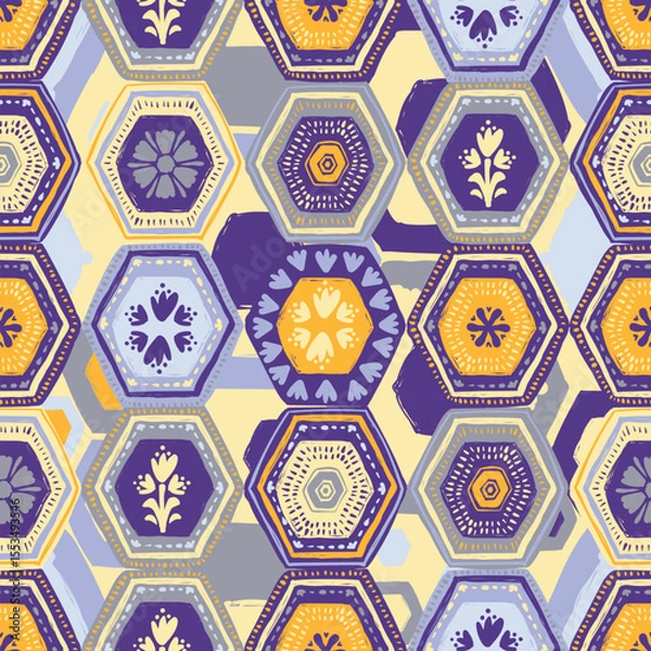 Fototapeta Vibrant vector hexagonal patchwork seamless pattern merging geometric shapes with organic floral details, creating dynamic background design for textile and interior