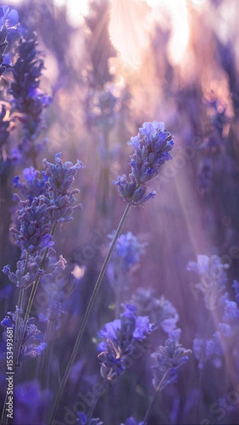 Fototapeta Lavender fields with fragrant purple flowers bloom at sunset. Lush lavender bushes in endless rows. Organic Lavender Oil Production in Europe. Garden aromatherapy. Slow motion, close up, macro. 