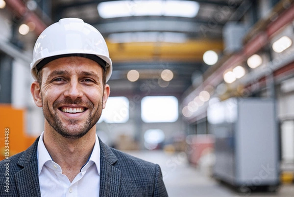 Fototapeta Smiling Engineer Wearing a Hardhat Inside a Modern Industrial Warehouse Setting with Copy Space