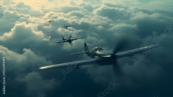 Fototapeta Vintage Aircraft Squadron Flying Above Clouds isolated on a transparent background