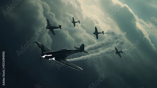 Fototapeta Vintage Fighter Planes Flying Formation isolated on a transparent background