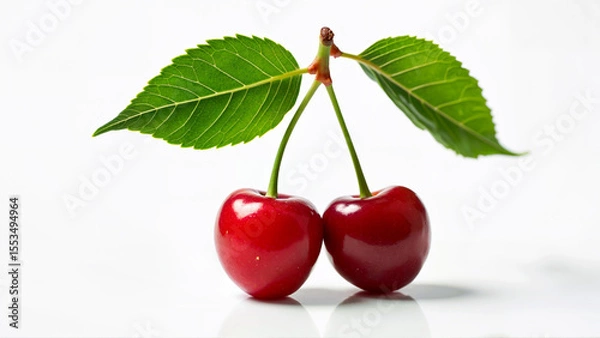 Fototapeta Ripe cherries with stems and green leaves isolated on a white background. Suitable for food, nutrition, and fruit-related concepts.