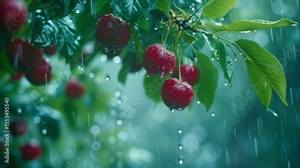 Fototapeta 
Summer heavy rain in forest. Drops of water dripping from green leaves of cherry tree. Beautiful calming background. Weather, environment, nature concept. High quality