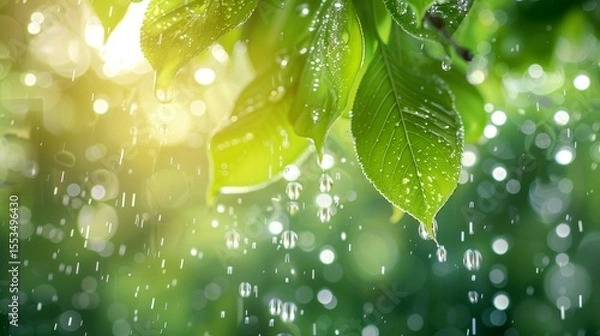 Fototapeta 
Summer heavy rain in forest. Drops of water dripping from green leaves of cherry tree. Beautiful calming background. Weather, environment, nature concept. High quality