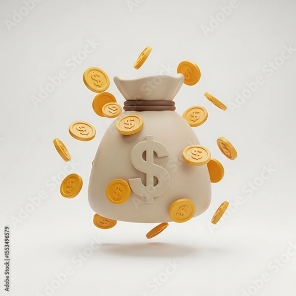 Fototapeta 3D Render of a Money Bag with Gold Coins Wealth, Finance, and Prosperity