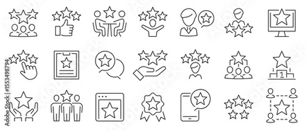 Fototapeta 5 stars positive review. Rate icons set. Feedback icon collection. Concept of best ranking. Customer review. Good result. Star, envelope, smiling emoji, like thumb up and speech bubble.