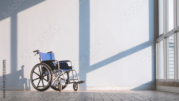 Fototapeta Empty Wheelchair on CobbleStone Tile Floor with Light and Shadow on Interior Wall Background in Rest Area at Hospital, Front view with Copy space