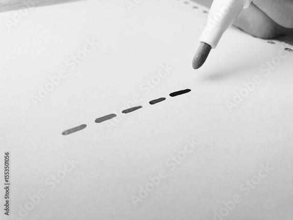 Obraz Draw dotted lines, lines, shades of gray, dark shades on a white sheet of paper with a marker.