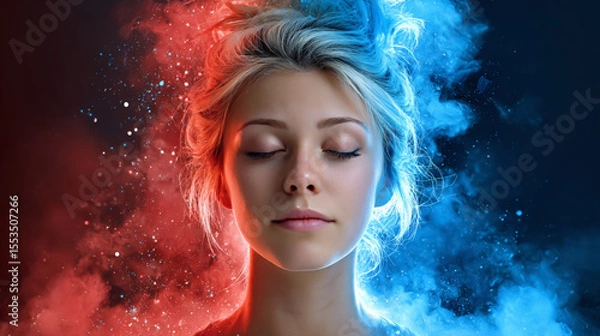 Fototapeta A serene woman with closed eyes is surrounded by contrasting red and blue smoke, creating a mystical and balanced atmosphere.