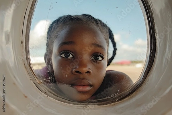 Fototapeta Curious girl looking through airplane window during flight