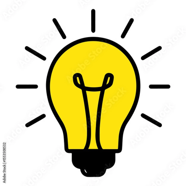 Fototapeta Yellow Light Bulb with Radiating Lines Vector Symbol of Bright Ideas, Innovation, and Creativity on White Background