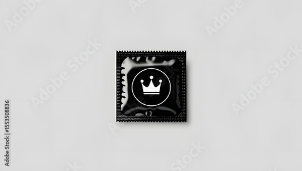 Fototapeta Minimal black silhouette of a square condom wrapper with a centered crown icon, symbolizing premium protection. Clean vector style on a solid white background