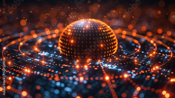 Fototapeta Digital globe surrounded by binary cod, Technology and connectivity concept