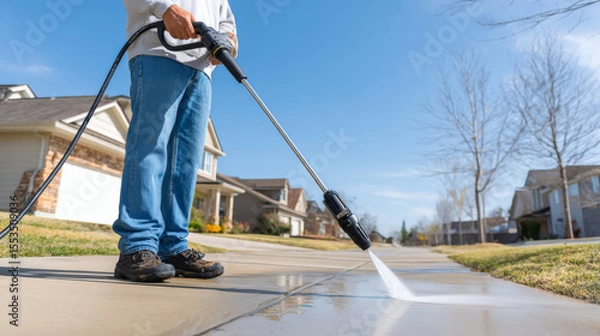 Fototapeta A person power washes a suburban sidewalk in front of houses on a clear day, removing dirt and grime with a high-pressure water spray.