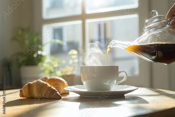Fototapeta Pouring steaming coffee into cup with croissants near window in morning light