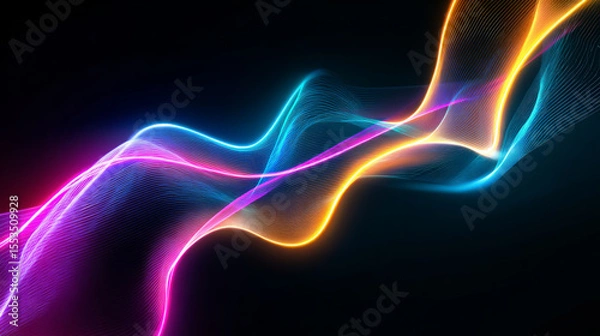 Fototapeta Colorful neon light waves flowing in a dark space, creating a dynamic and vibrant abstract digital art design.