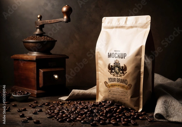 Obraz Coffee Packaging Mockup with Grinder and Beans in Rustic Dark Setting