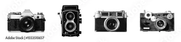 Fototapeta Retro film photography cameras with collage bitmap style dotted halftone monochrome vintage effect