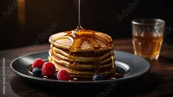 Fototapeta Stack of Pancakes with Syrup in Cozy Breakfast Setting