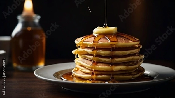 Fototapeta Stack of Pancakes with Syrup in Cozy Breakfast Setting