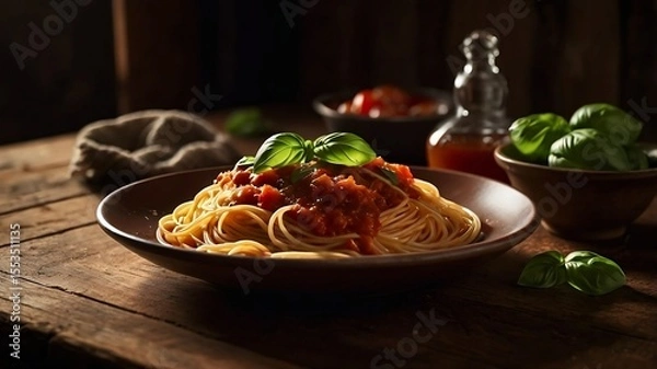 Fototapeta Homemade Spaghetti with Tomato Sauce and Basil in Rustic Setting