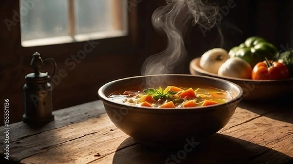 Fototapeta Homemade Vegetable Soup in Rustic Bowl with Steam